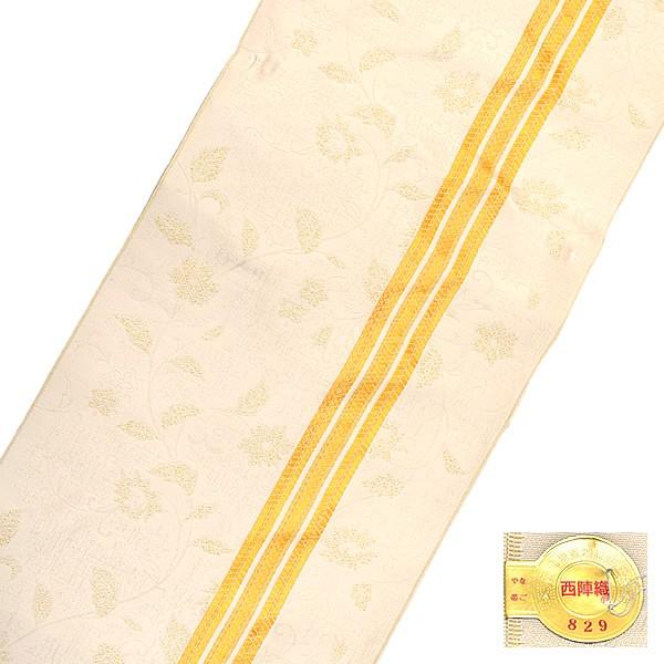 Prices down4）九寸 名古屋帯「ベージュイエロー 花更紗に縞」九