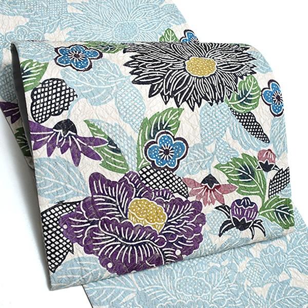 （Prices down4）洒落 袋帯「ブルー 牡丹と菊花」紬 未仕立て 栗山吉三郎 正絹帯 お太鼓柄＜T＞