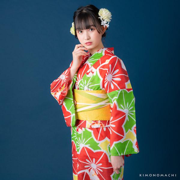 最終値下げ！！ふりふ　オリジナル　浴衣　ポリエステル100％　赤　花柄 KIMONOMACHI （Prices down）浴衣 レディース 「赤×もえぎ色 お花と猫
