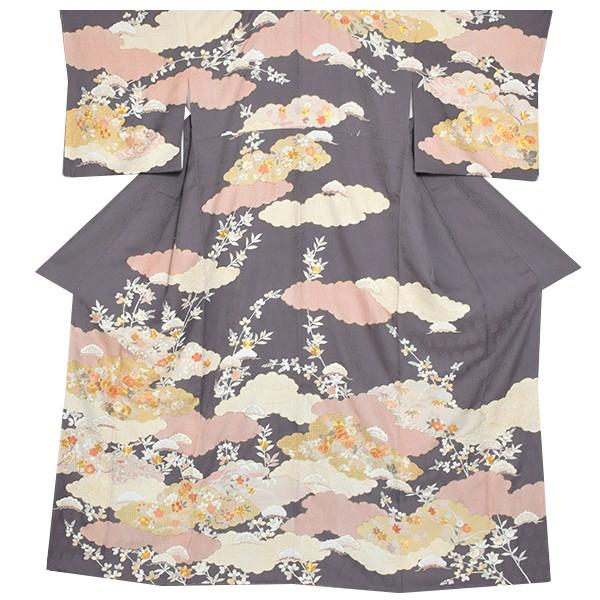 （Prices down2）お仕立て上がり 訪問着単品「鼠色　雲に吉祥草花」正絹着物 パーティー 正絹訪問着 袷仕立て＜T＞の画像