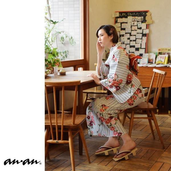 新品＊浴衣 anan アンアン ブランド 大人浴衣 ＊紺色 anan浴衣セット「ネイビーストライプに椿」ブランド浴衣セット