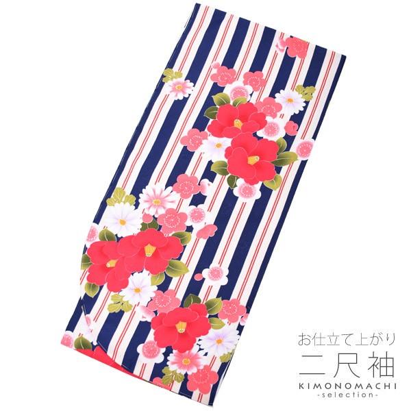 卒業式 袴 大学生 着物 洗える 二尺袖 「紺色×赤　縞につばき、梅」 フリーサイズ 袴用着物 レディース （8FN-122）＜H＞