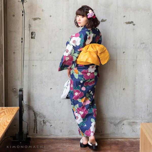 KIMONOMACHI 浴衣 レディース 単品 「椿 紺」 S F TL LL サイズ レトロ