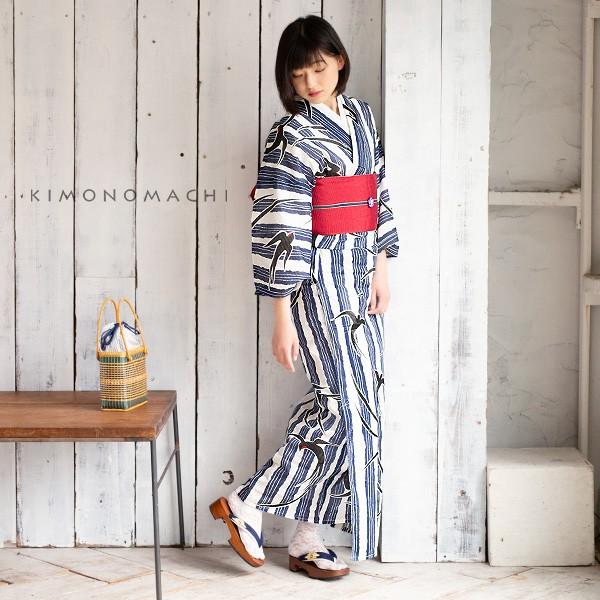 未使用　浴衣　綿　藤尽くし KIMONOMACHI （Prices down2）浴衣 レディース 「縞にツバメ 紺」綿絽