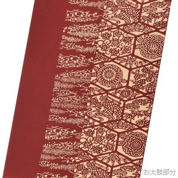 ちりめん 正絹名古屋帯「葡萄茶色 亀甲、吹き寄せ」カジュアル帯 お