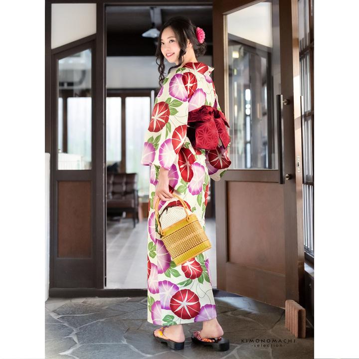 浴衣 レディース 単品「朝顔 赤×紫」フリーサイズ レトロ モダン 大