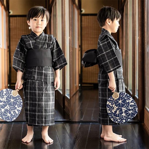 浴衣 子供 男 浴衣セット 男の子 2点セット 綿 黒 紺 グレー しじら