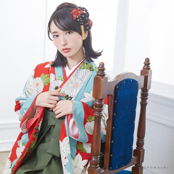 髪飾り 成人式 コームとUピン 2点セット 「お花の飾り 黒×赤 ベロア風