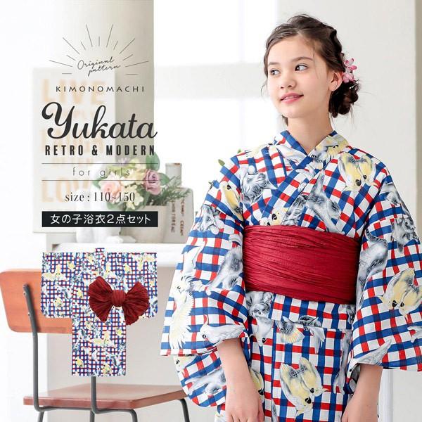 浴衣 子供 女の子 子供浴衣セット 浴衣 帯 浴衣2点セット 赤 青チェック 猫とオウム 110 1 130 140 150 5サイズ オリジナル メール便不可 Erhamah Com