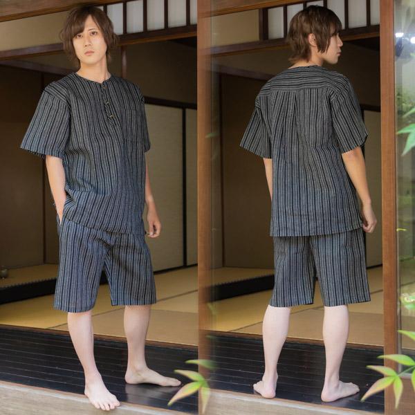 KIMONOMACHI 甚平 メンズ セット ヘンリーネック 竹籠 + 下駄 + うちわ