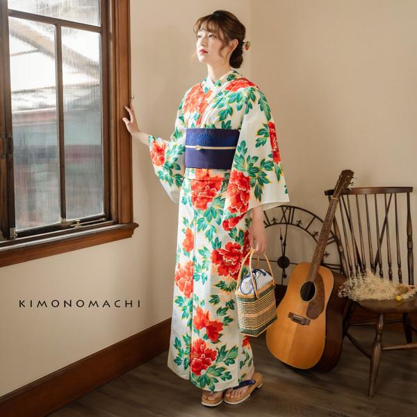 浴衣 レディース レトロ セット 3点セット 浴衣+帯+刺繍下駄 吸水速乾 ポリエステル 「白地 牡丹」 F LL 30代 40代 50代(メール便不可)_3