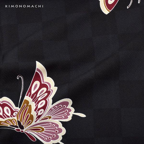 二尺袖着物 単品 「飛び蝶 黒市松」 KIMONOMACHIオリジナル お仕立て