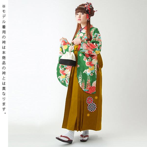 中古品)卒業式袴セット 「二尺袖：緑 菊と藤の花+袴：金茶×菊 刺繍