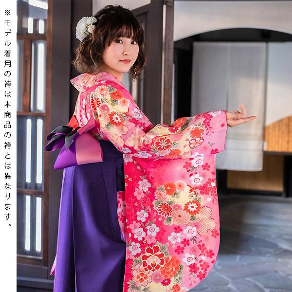 卒業式袴セット 「二尺袖：ピンク 九重 扇面に鈴と折り鶴+袴：エンジ