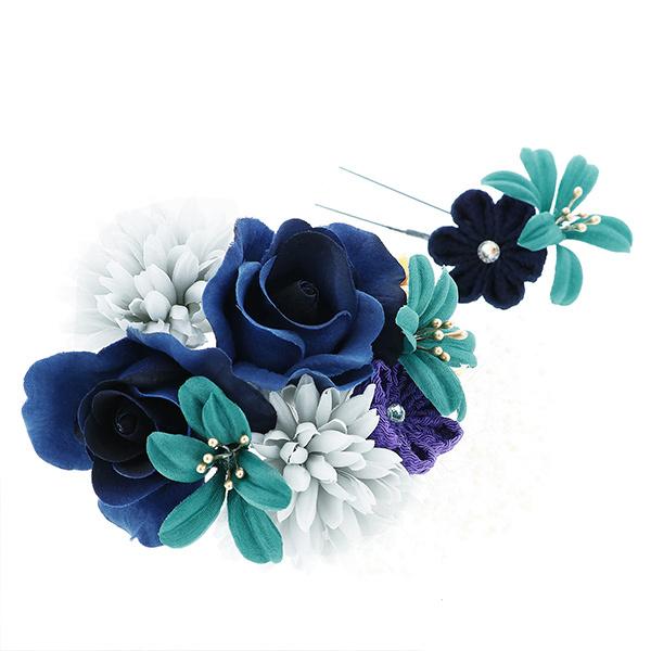 髪飾り 成人式 コーム Uピン 2点セット「ローズとリリー ナイトブルー No.
