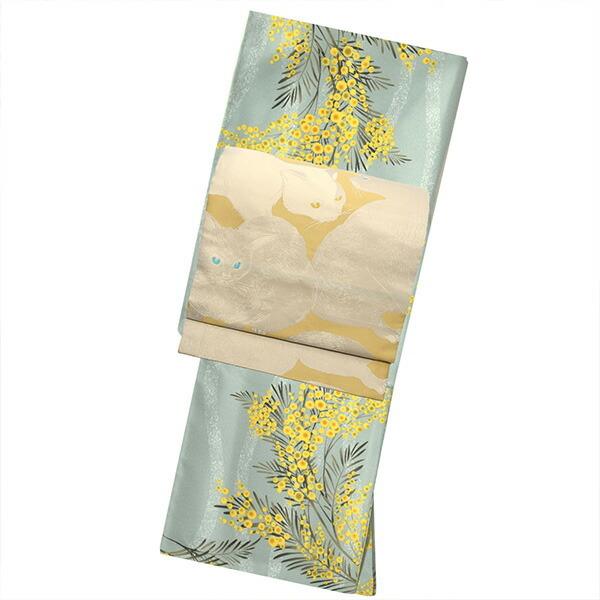 洗える着物 セット 「袷着物：ミモザに立涌錆青磁色＋京袋帯：日向の白