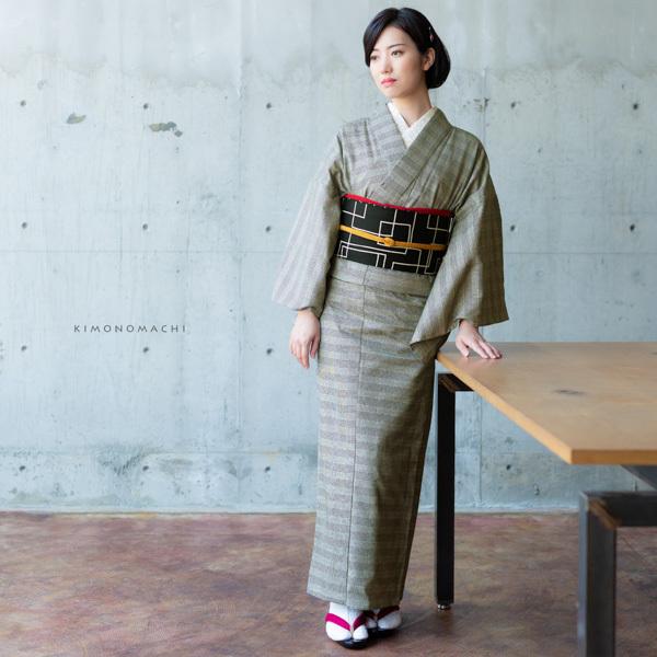 KIMONOMACHI 洗える着物 木綿着物 単品 「グレンチェック グレー