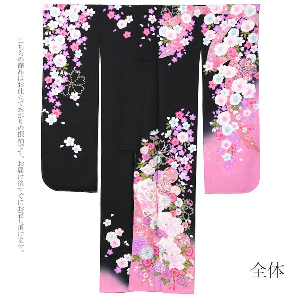 (新古品)お仕立て上がり 振袖単品 「黒地　八重桜、牡丹に手毬」 振り袖 着物 レディース 成人式 結婚式 結納 パーティー 晴れ着 (メール便不可)の画像