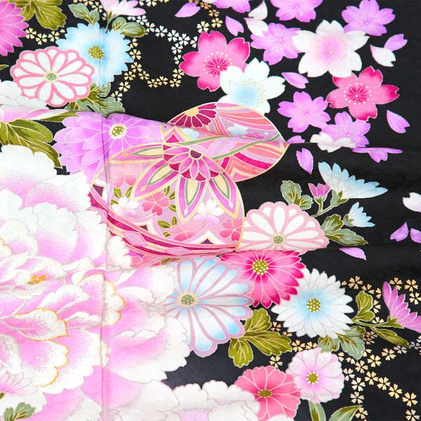 (新古品)お仕立て上がり 振袖単品 「黒地　八重桜、牡丹に手毬」 振り袖 着物 レディース 成人式 結婚式 結納 パーティー 晴れ着 (メール便不可)の画像