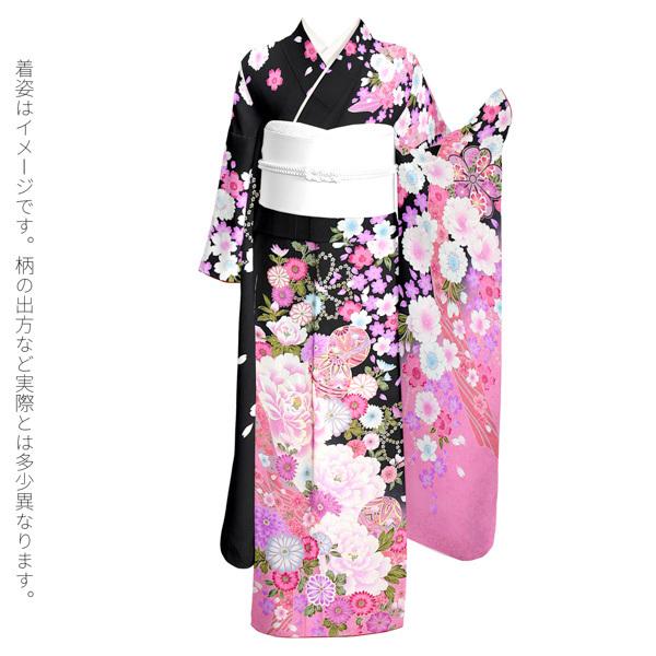 (新古品)お仕立て上がり 振袖単品 「黒地　八重桜、牡丹に手毬」 振り袖 着物 レディース 成人式 結婚式 結納 パーティー 晴れ着 (メール便不可)の画像