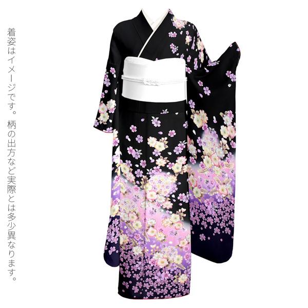 (新古品)お仕立て上がり 振袖単品 「黒地　桜、雪輪」 振り袖 着物 レディース 成人式 結婚式 結納 パーティー 晴れ着 (メール便不可)の画像