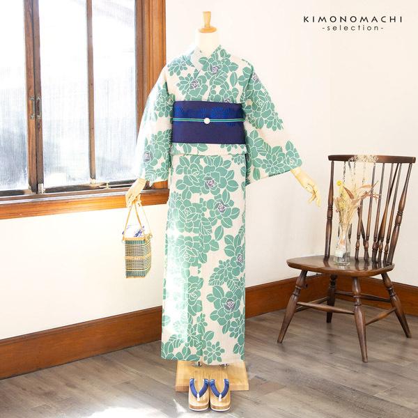 浴衣 レディース 単品 お仕立て上がり浴衣 プレタ「生成り色×青磁色 薔薇」先染め 和布流 Fサイズ 大人 モダン ブランド浴衣（メール便不可)＜H＞ss2603ykl15の画像