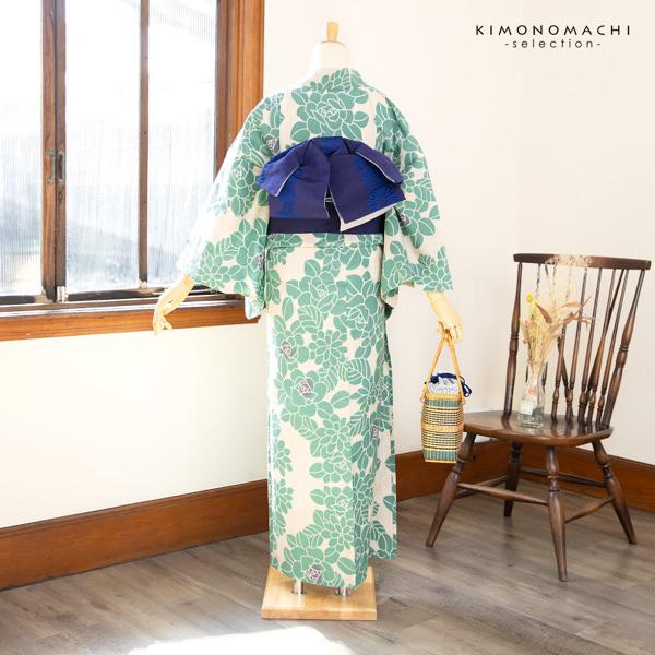 浴衣 レディース 単品 お仕立て上がり浴衣 プレタ「生成り色×青磁色 薔薇」先染め 和布流 Fサイズ 大人 モダン ブランド浴衣（メール便不可)＜H＞ss2603ykl15の画像