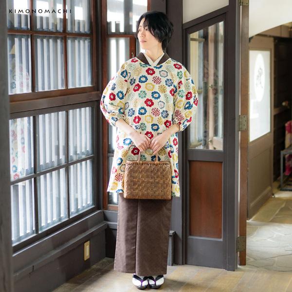 KIMONOMACHI ロング丈 割烹着「生成り色 編み物風のお花」実用的 日本