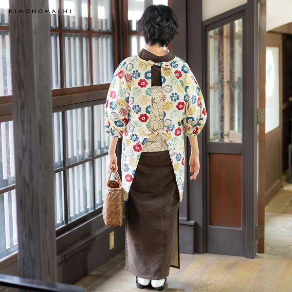 KIMONOMACHI ロング丈 割烹着「生成り色 編み物風のお花」実用的 日本