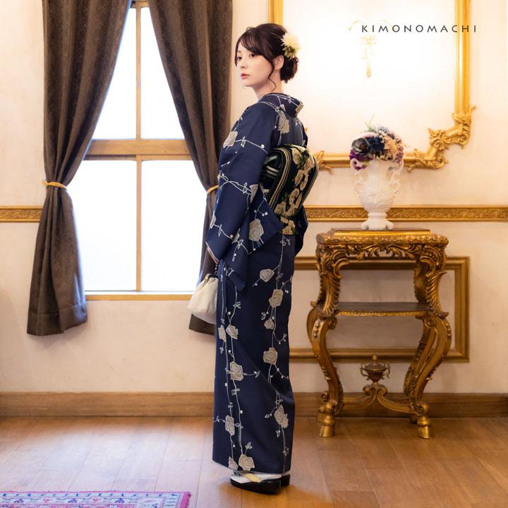 KIMONOMACHI 洗える着物 袷着物単品「ばら 墨紺色」 きもの福袋から