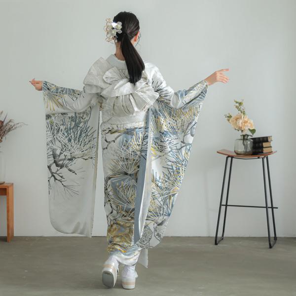 未仕立て 振袖 22点セット「Vサンク シルバーグレー 松葉」仮絵羽