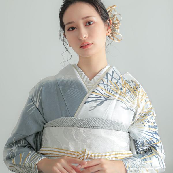未仕立て 振袖 22点セット「Vサンク シルバーグレー 松葉」仮絵羽