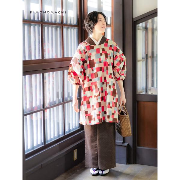 KIMONOMACHI ロング丈 割烹着「ピンク モザイクブロック」実用的 日本