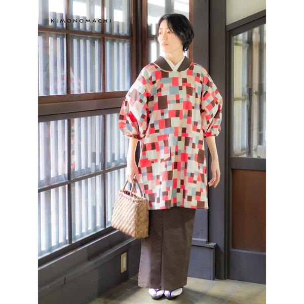 KIMONOMACHI ロング丈 割烹着「ピンク モザイクブロック」実用的 日本
