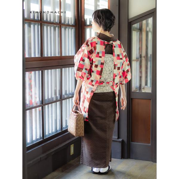 KIMONOMACHI ロング丈 割烹着「ピンク モザイクブロック」実用的 日本