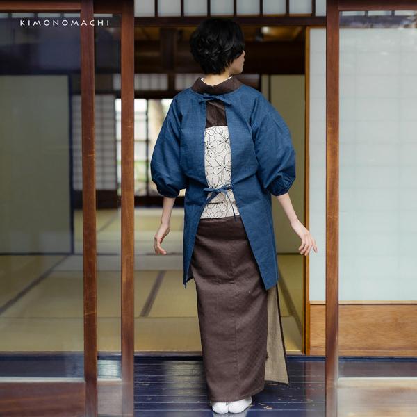 KIMONOMACHI ロング丈 割烹着「濃藍 紬調」実用的 日本製 オシャレ