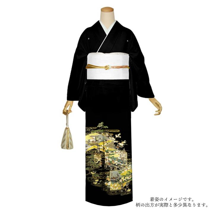 【Q2131】Ａお仕立て上がり正絹留袖　黒地に雉模様　落款入り　染め抜き紋五つ紋 黒留袖 お仕立て上がり 単品「屏風に洛中洛外図」正絹 紋入れ代込み