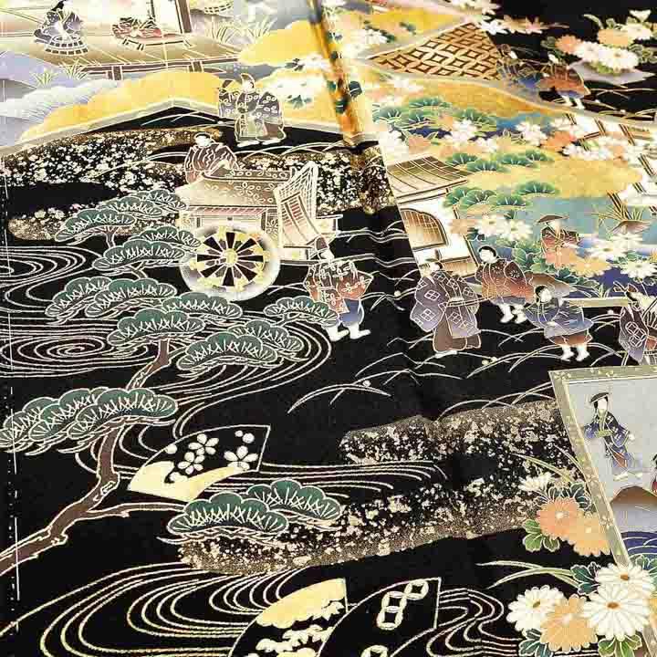 黒留袖 お仕立て上がり 単品「屏風に洛中洛外図」正絹 紋入れ代込み
