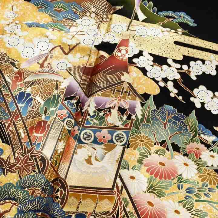 黒留袖 お仕立て上がり 単品「四季花に山鉾」正絹 紋入れ代込み 留袖
