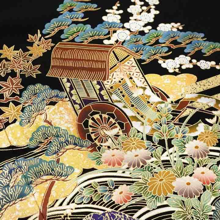 ［8894］黒留袖 美品 龍昇 枝花文様 五つ紋 桔梗 落款 作家物 着物 袷 黒留袖 お仕立て上がり 単品「四季花に山鉾」正絹 紋入れ代込み 留袖