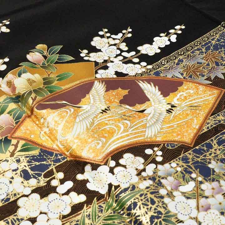 訳アリ)黒留袖 お仕立て上がり 単品「地紙に鶴」正絹 紋入れ代込み