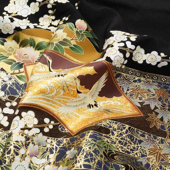 訳アリ)黒留袖 お仕立て上がり 単品「地紙に鶴」正絹 紋入れ代込み