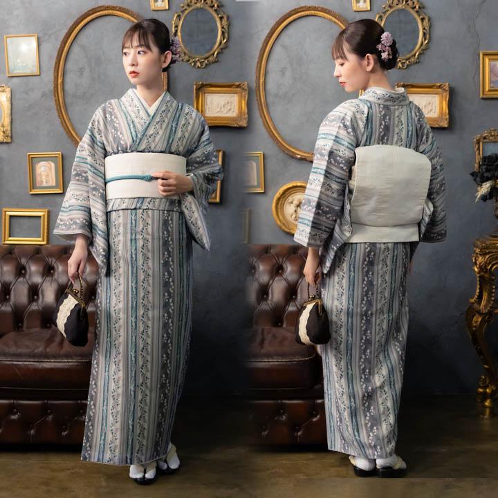 KIMONOMACHI 洗える着物 袷着物単品「縞すずらん パープル×グリーン