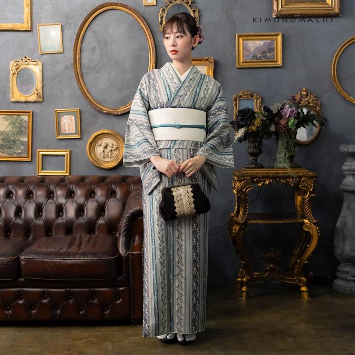 KIMONOMACHI 洗える着物 袷着物単品「縞すずらん パープル×グリーン