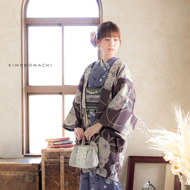 KIMONOMACHI 羽織 単品 オリジナル「花くす玉 紫鳶色」ポリエステル