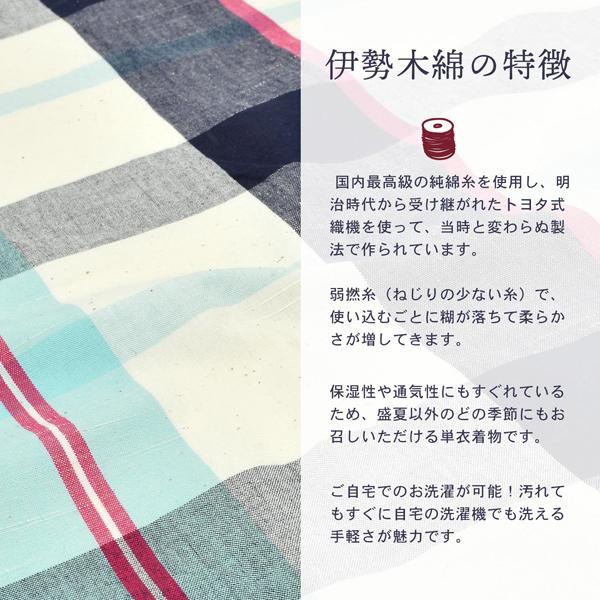 伊勢木綿 洗える着物 反物「重ね格子空色×中紅」未仕立て 木綿きもの