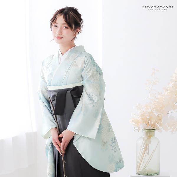 袴 セット 女性 4点セット「二尺袖：牡丹に菊 ベビーブルー＋袴：黒色ぼかし＋袴下帯：ブラック 麻の葉＋襦袢 」 二尺袖着物セット 二尺着物 (メール便不可)の画像