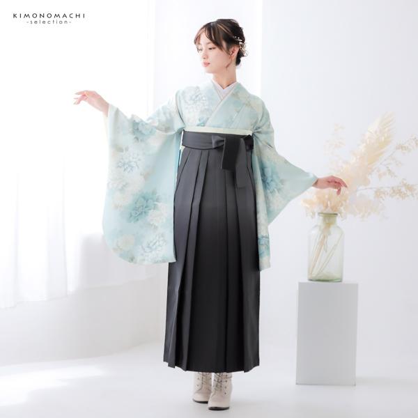 袴 セット 女性 4点セット「二尺袖：牡丹に菊 ベビーブルー＋袴：黒色ぼかし＋袴下帯：ブラック 麻の葉＋襦袢 」 二尺袖着物セット 二尺着物 (メール便不可)の画像
