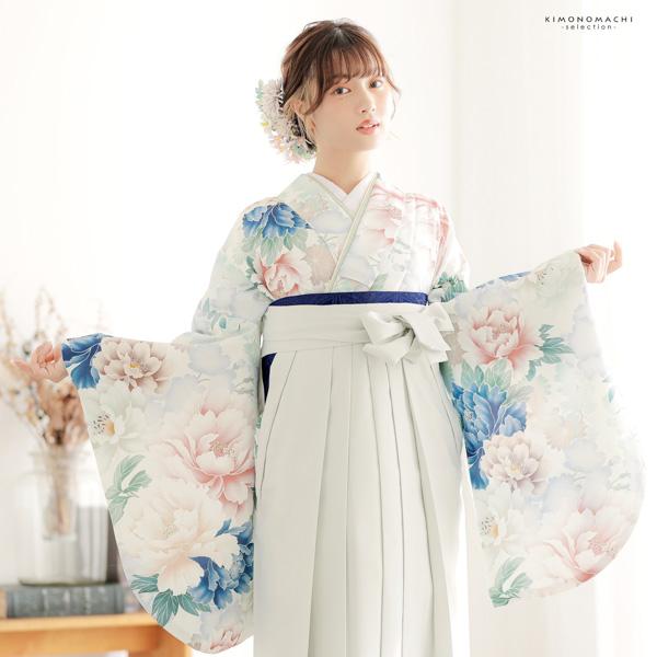 袴 セット 女性 4点セット「二尺袖：オフホワイト 牡丹に花々＋袴 