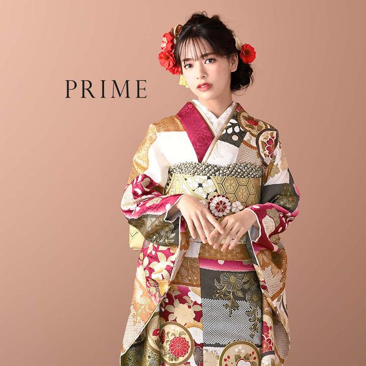 未仕立て 振袖 22点セット「PRIME 赤 段違いに花丸文」仮絵羽 振り袖